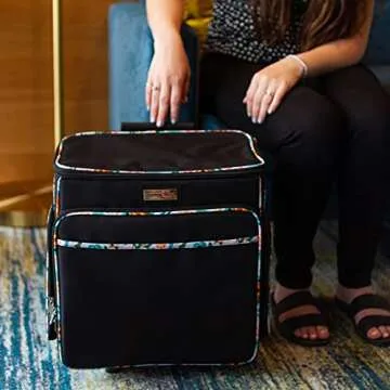 Everything Mary Black & Floral Rolling Scrapbook Storage Tote - Scrapbooking Storage Case for Rings, Paper, Binder, Crafts, Beads, Scissors - Telescoping Handle with Dual Wheels