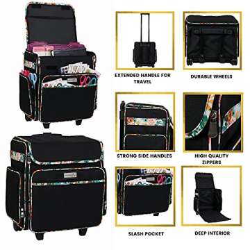 Everything Mary Black & Floral Rolling Scrapbook Storage Tote - Scrapbooking Storage Case for Rings, Paper, Binder, Crafts, Beads, Scissors - Telescoping Handle with Dual Wheels