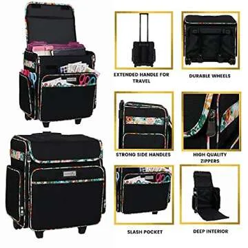 Everything Mary Black & Floral Rolling Scrapbook Storage Tote - Scrapbooking Storage Case for Rings, Paper, Binder, Crafts, Beads, Scissors - Telescoping Handle with Dual Wheels