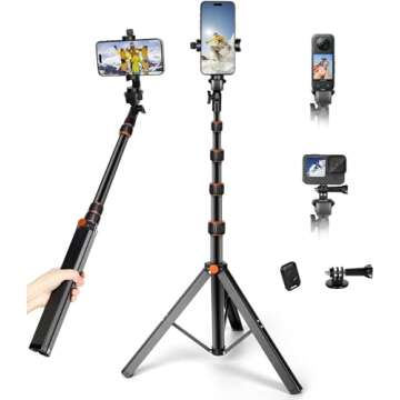 Eocean 71" Tall Selfie Stick Tripod Quadripod with Remote & with 360° Ballhead, Aluminum Alloy Extendable Cell Phone Tripod Stand, Travel Tripod Phone Holder Compatible with iPhone (62”-Tripod)
