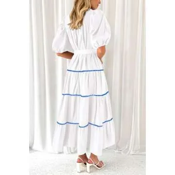 PRETTYGARDEN Women's Summer Button Down Shirt Dress Short Puffy Sleeve Tiered Ruffle Flowy Long Maxi...