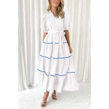 PRETTYGARDEN Women's Summer Button Down Shirt Dress Short Puffy Sleeve Tiered Ruffle Flowy Long Maxi Dresses (White Blue,Medium)