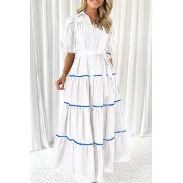 PRETTYGARDEN Women's Summer Button Down Shirt Dress Short Puffy Sleeve Tiered Ruffle Flowy Long Maxi Dresses (White Blue,Medium)