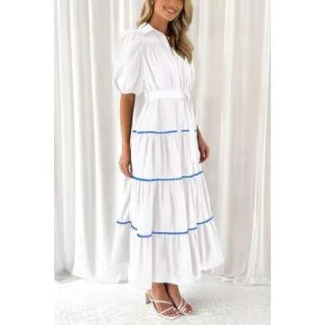 PRETTYGARDEN Women's Summer Button Down Shirt Dress Short Puffy Sleeve Tiered Ruffle Flowy Long Maxi Dresses (White Blue,Medium)