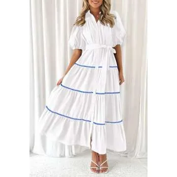 PRETTYGARDEN Women's Summer Button Down Shirt Dress Short Puffy Sleeve Tiered Ruffle Flowy Long Maxi Dresses (White Blue,Medium)
