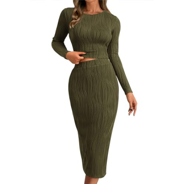 dowerme Women's Fall 2 Piece Outfits Casual Long Sleeve Crewneck Crop Tops Knit High Waist Bodycon S...