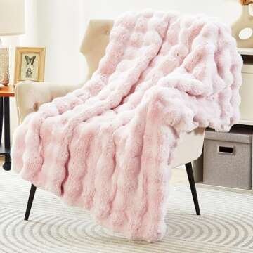 DREAMNINE Large Soft Thick Fuzzy Bubble Faux Rabbit Fur Bed Blanket Queen Size 80" x 90",Lovely Big Warm Shaggy Fluffy Blanket for Winter,Solid Luxury Cozy Cute Bumpy Furry Blanket for Women Girl,Pink