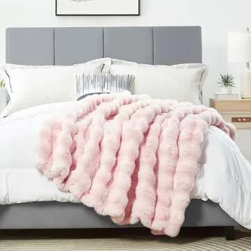 DREAMNINE Large Soft Thick Fuzzy Bubble Faux Rabbit Fur Bed Blanket Queen Size 80" x 90",Lovely Big Warm Shaggy Fluffy Blanket for Winter,Solid Luxury Cozy Cute Bumpy Furry Blanket for Women Girl,Pink
