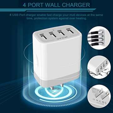 USB Charger Cube, Wall Charger Plug, AILKIN 4.8A 4-Muti Port USB Adapter Power Plug Charging Station Box Base Replacement for iPhone 15 14 13 12 11 Pro Max/X/8, iPad, Samsung Phones USB Charging Block