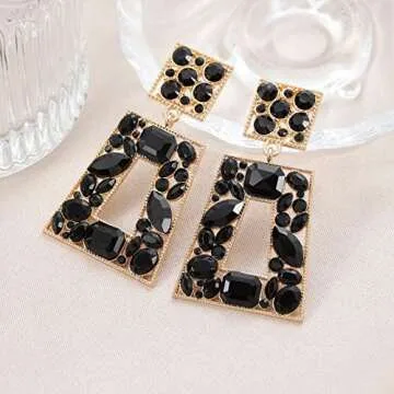 VANGETIMI Black Rhinestone Rectangle Dangle Earrings Colorful Crystal Geometric Drop Statement Earrings for Women