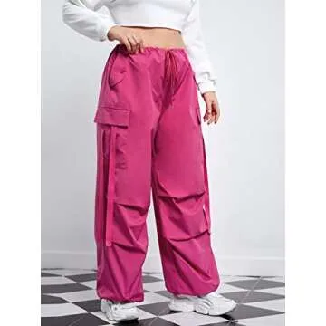 Floerns Women's Plus Size Flap Pocket Drawstring High Rise Parachute Baggy Cargo Pants A Red Violet 3XL