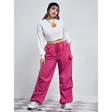 Floerns Women's Plus Size Flap Pocket Drawstring High Rise Parachute Baggy Cargo Pants A Red Violet 3XL