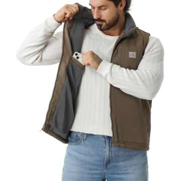 TUAOVA Men's Loose Fit Washed Duck Fleece-Lined Waterproof Workwear Mock-Neck Vest(Brown,L)