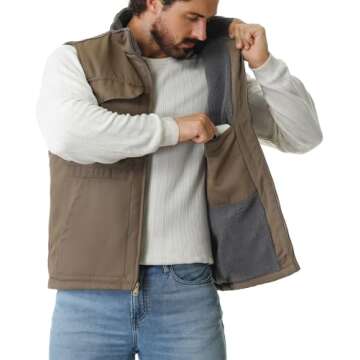 TUAOVA Men's Loose Fit Washed Duck Fleece-Lined Waterproof Workwear Mock-Neck Vest(Brown,L)