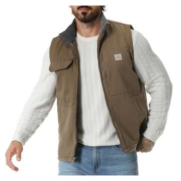 TUAOVA Men's Loose Fit Washed Duck Fleece-Lined Waterproof Workwear Mock-Neck Vest(Brown,L)