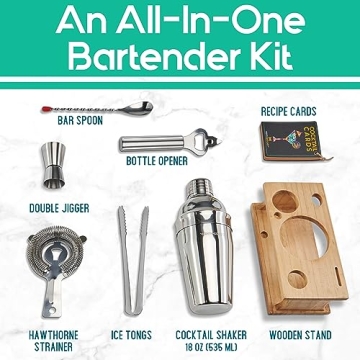 Complete Mixology Bartender Kit with Wood Stand and Recipe Cards