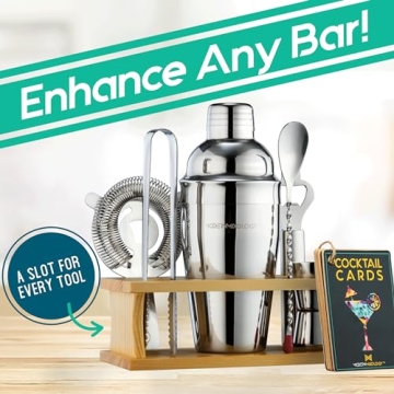 Complete Mixology Bartender Kit with Wood Stand and Recipe Cards