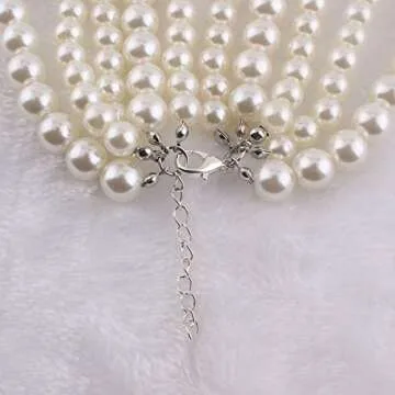 GRACE JUN Multilayer Strand Chain White Faux Pearls Flapper Beads Cluster Long Choker Necklace(White)