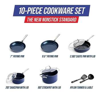 Blue Diamond Cookware 10 Piece Cookware Pots and Pans Set, Diamond Infused Healthy Ceramic Nonstick, PFAS and PFOA-Free, Dishwasher Safe, Oven Safe, Metal Utensil Safe, Warp Control, Blue