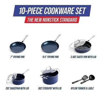 Blue Diamond Cookware 10 Piece Cookware Pots and Pans Set, Diamond Infused Healthy Ceramic Nonstick, PFAS and PFOA-Free, Dishwasher Safe, Oven Safe, Metal Utensil Safe, Warp Control, Blue