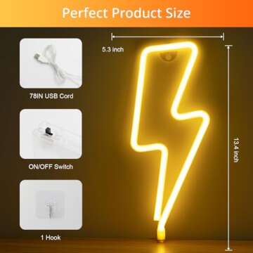 XIYUNTE Neon Sign Lightning Bolt Neon Light Sign for Wall Decor, USB or Battery Powered Warm White Led Lightning Bolt Neon Signs for Bedroom, Kids Room, Living Room, Bar, Party, Christmas, Wedding