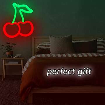Cherry Neon Sign, Red Green Cherries Neon Lights, Cherry Neon Signs for Wall Decor, Cute Fruits LED Signs for Kids Room,Restaurant,Bar,Fruit Shop,Home Green+Red