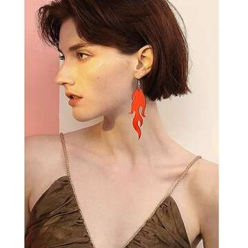 Transparent Acrylic Flame Dangle Drop Earrings Dainty Multicolor Neon Flames Hook Earrings Punk Rock Hip Hop Fire Element Earrings for Women Hollow Jewelry Gifts Cosplay Costume Accessories (Mirror Red)