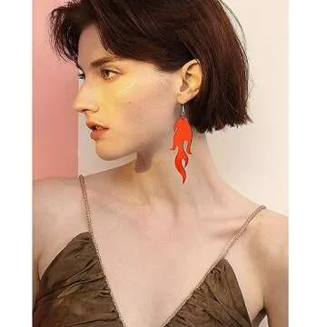 Transparent Acrylic Flame Dangle Drop Earrings Dainty Multicolor Neon Flames Hook Earrings Punk Rock Hip Hop Fire Element Earrings for Women Hollow Jewelry Gifts Cosplay Costume Accessories (Mirror Red)