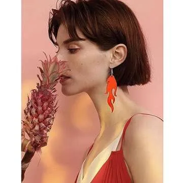 Transparent Acrylic Flame Dangle Drop Earrings Dainty Multicolor Neon Flames Hook Earrings Punk Rock Hip Hop Fire Element Earrings for Women Hollow Jewelry Gifts Cosplay Costume Accessories (Mirror Red)