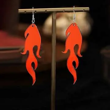 Transparent Acrylic Flame Dangle Drop Earrings Dainty Multicolor Neon Flames Hook Earrings Punk Rock Hip Hop Fire Element Earrings for Women Hollow Jewelry Gifts Cosplay Costume Accessories (Mirror Red)