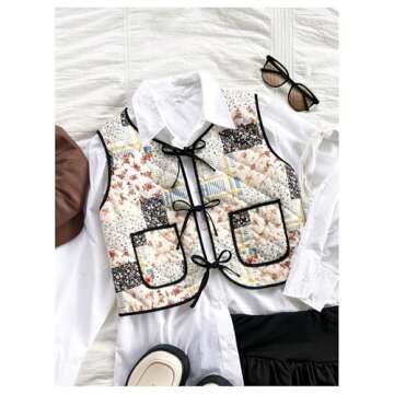 Verdusa Women's Floral Bow Tie Sleeveless Crop Cardigan Vest Spring Jacket Multicolor X-Large