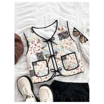 Verdusa Women's Floral Bow Tie Sleeveless Crop Cardigan Vest Spring Jacket Multicolor X-Large