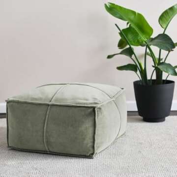 Creative Co-Op Square Cotton Velvet Pouf with Piped Detail, Sage Green