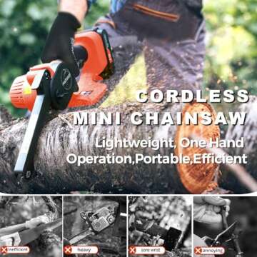 Mini Chainsaw Cordless 6 inch Battery Powered Electric Chainsaw, Portable Handheld Chainsaw with 2 Batteries & 2 Chains, Rechargeable Chain Saw w/Security Lock for Wood Cutting,Tree Trimming,Yard Work