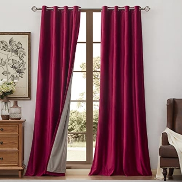 BULBUL Ruby Red Velvet Blackout Curtains 108" Long - Luxurious Thermal Insulation Panles, 100% Darke...