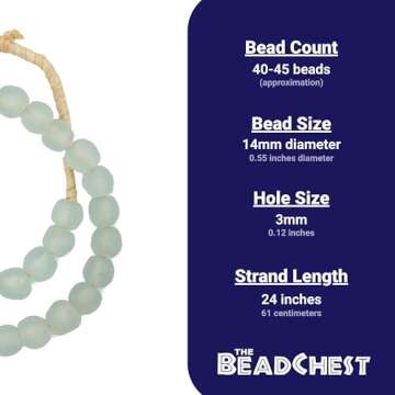 The Bead Chest African Recycled Glass Beads Handmade in Ghana Clear Aqua 14mm Strand for Jewelry Making, Crafts, and Home Decor I Approximately 40-45 Beads