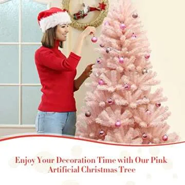 Goplus Artificial Pink Christmas Tree, 6ft Premium Unlit Hinged Spruce Full Tree, with Metal Stand, Easy Assembly, Xmas Tree for Indoor and Outdoor Use (6ft)