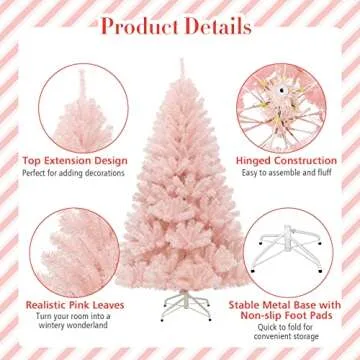 Goplus Artificial Pink Christmas Tree, 6ft Premium Unlit Hinged Spruce Full Tree, with Metal Stand, Easy Assembly, Xmas Tree for Indoor and Outdoor Use (6ft)