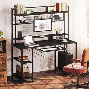 Rolanstar Computer Desk with Hutch and Keyboard Tray, 55" Office Desk with Storage Shelves, Studying Writing Desk Workstation for Home Office, Black