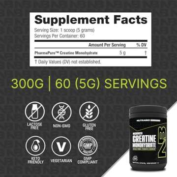NutraBio Pure Creatine Monohydrate Powder Supplement, Unflavored, (300 g) - Supports Bulk Muscle Energy, Recovery, and Strength - HPLC Tested Pure Grade Creatine Powder Supplement for Men and Women