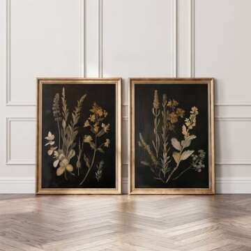 Vintage Floral Wall Art Decor Black Botanical Canvas Art Moody Flower Wall Art Dark Academia Poster Painting Vintage Floral Prints Pictures for Bedroom Living Room 16x24 Inch Set of 2 Unframed