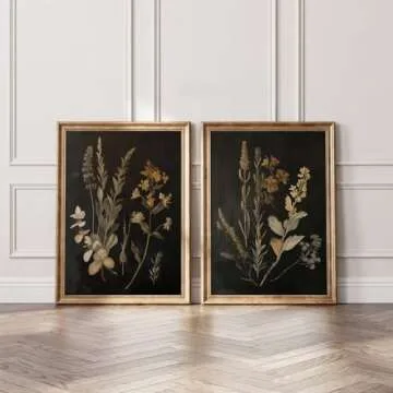 Vintage Floral Wall Art Decor Black Botanical Canvas Art Moody Flower Wall Art Dark Academia Poster Painting Vintage Floral Prints Pictures for Bedroom Living Room 16x24 Inch Set of 2 Unframed