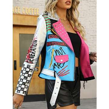 Bellivera Faux Leather Jacket for Women Spring Fall Studded Rivet Floral Moto Biker Coat 0479 Sliver...