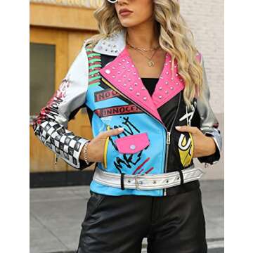 Bellivera Faux Leather Jacket for Women Spring Fall Studded Rivet Floral Moto Biker Coat 0479 Sliverblack L