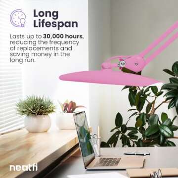 Neatfi XL 2,200 Lumens LED Desk Lamp with Clamp, 24 Watt Bright Architect Task Lamp, 20 Inches Dimmable Computer Light, Adjustable Desk Light for Home, Office, Crafts, Nails & Hobbies (Non-CCT, Pink)