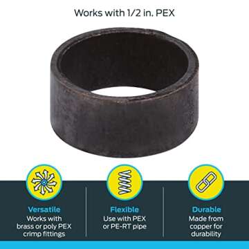 SharkBite 1/2 Inch Copper Crimp Rings, Pack of 100, PEX Pipe, PE-RT, 23102CP100
