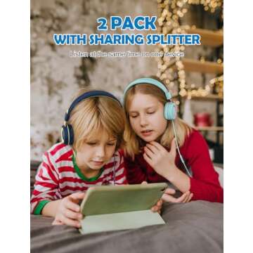 VotYoung Kids Headphones with Microphone for Kids, 2 Pack Kids Headphones with Sharing Splitter, Wired Kids Headset with 91dB Volume Limit, On-Ear Stereo Headset for School/Tablet/Travel