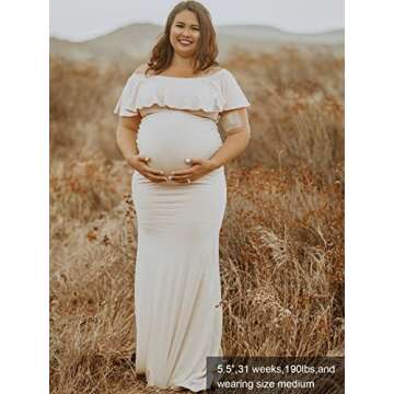 Glampunch Womens Off Shoulder Maternity Dress Ruffles Elegant Slim Gowns Fit Maxi Photography Dress Beige
