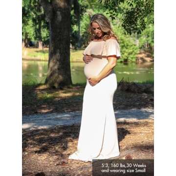 Glampunch Womens Off Shoulder Maternity Dress Ruffles Elegant Slim Gowns Fit Maxi Photography Dress Beige