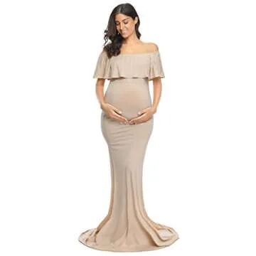 Glampunch Womens Off Shoulder Maternity Dress Ruffles Elegant Slim Gowns Fit Maxi Photography Dress Beige